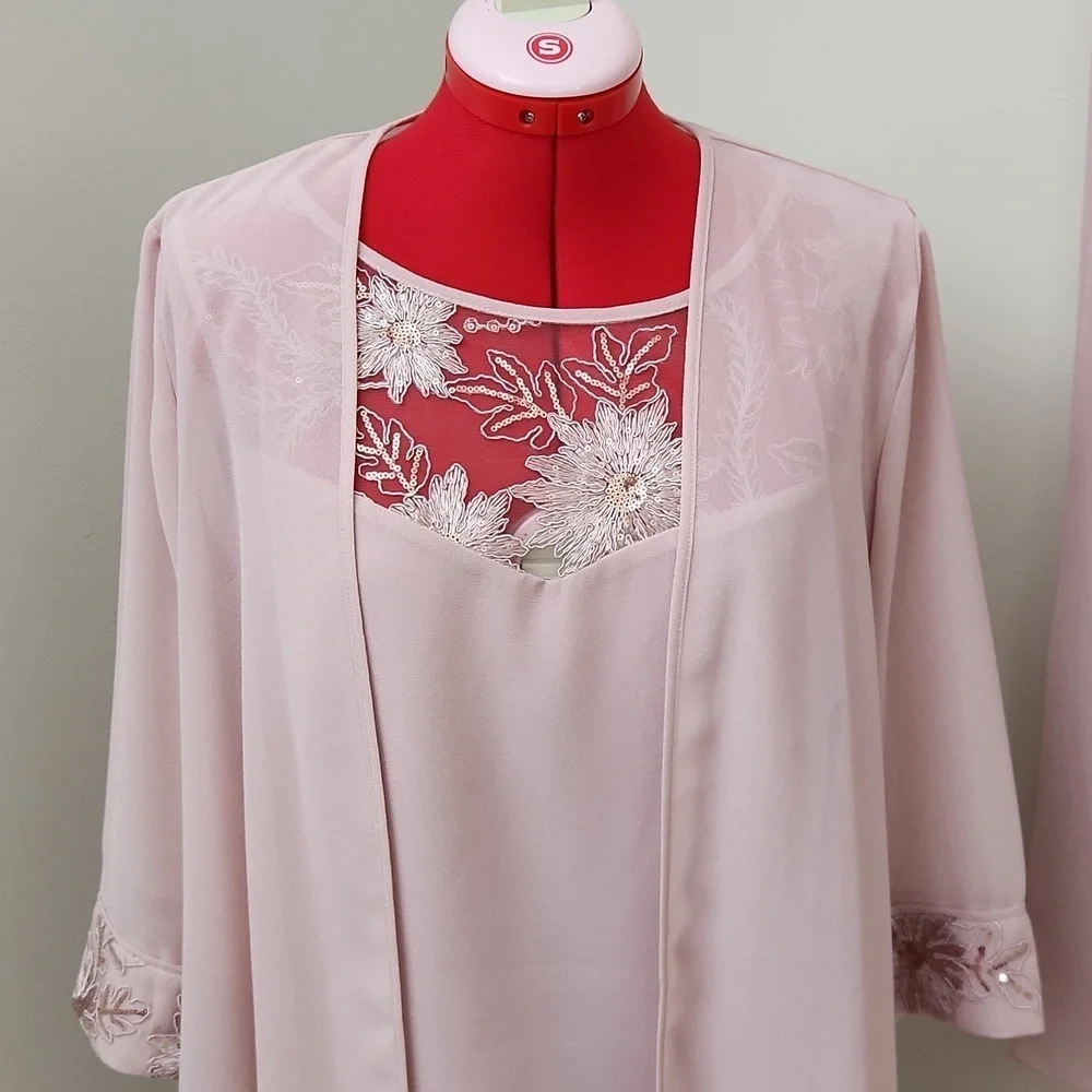 Le Bos 3 Piece Pant Set Women’s Size 10 Pink Chiffon Duster Tank Top Pants Flora
